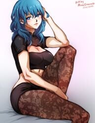 1girls bare_arms blue_eyes blue_hair breasts brown_legwear byleth_(fire_emblem) byleth_(fire_emblem)_(female) cleavage cleavage_cutout clothing_cutout female female_only fire_emblem fire_emblem:_three_houses floral_print lace-trimmed_legwear lace_trim leggings legwear_under_shorts medium_breasts medium_hair midriff_peek minacream nintendo pantyhose print_legwear short_sleeves shorts simple_background sitting solo teal_hair