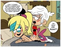 ahe_gao ass blonde_hair blue_hairband breasts cum_in_pussy cum_inside dialogue female javisuzumiya lincoln_loud prone sam_sharp the_loud_house white_hair