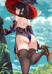 1girls 2022 alternate_breast_size ass ass_focus back back_view backless_outfit black_hair blue_eyes breasts female female_only genshin_impact hat heels hi_res highleg_leotard huge_breasts large_ass large_hat leotard long_hair loooyd mona_(genshin_impact) outdoors sideboob thick_thighs thighhighs thighs twintails very_high_resolution witch_hat