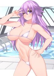 1girls :p adult_neptune bikini blush breasts dura female hair_between_eyes hair_ornament hand_on_hip highleg highleg_bikini highres indoors large_breasts long_hair looking_at_viewer navel neptunia_(series) pool purple_eyes purple_hair solo that_pool tongue_out w water white_bikini wink