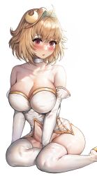 ahoge arcueid_brunestud bare_shoulders big_breasts blonde_hair blush bottomless choker cleavage crescent_hair_ornament detached_sleeves elbow_gloves female female_only hair_intakes hair_ornament looking_at_viewer navel no_panties red_eyes short_hair sitting solo suou-sensei thighhighs tsukihime type-moon white_gloves white_legwear white_thighhighs zettai_ryouiki