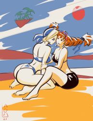 2girls aika_(skies_of_arcadia) arched_back ass bandeau big_ass bikini cream_hair earrings fina_(skies_of_arcadia) goggles_on_head orange_hair rideroftherange sega skies_of_arcadia swimsuit twin_braids yuri