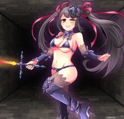 armor bikini_armor breasts clock_eyes date_a_live date_a_live:_date_a_bullet female heterochromia hohoho1214 medium_breasts smile sword symbol-shaped_pupils tokisaki_kurumi weapon