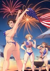 2019 3girls 4th_of_july abs american_flag american_flag_bikini ass barbeque big_breasts boobs_and_butt_pose breasts brown_hair fireworks flag grill hi_res human ice_pop ignition_crisis light-skinned_female light_skin lin_(ignitioncrisis) long_hair muscular_female night short_hair sideboob sling_bikini smile tattoo tomboy umbrella veronica_(ignitioncrisis) very_short_hair zoey_(ignitioncrisis)