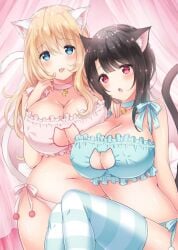 2022 2girls atago_(kantai_collection) bangs bell_collar belly_button big_ass big_breasts black_ears black_fur black_hair black_tail blonde_hair blue_bow blue_collar blue_eyes blue_lingerie blue_theme blue_thighhighs blush cat_ears cat_girl cat_humanoid cat_paws cat_tail catgirl catgirls collar collar_bell cute ears_up female female_focus female_only kantai_collection keyhole keyhole_bra light-skinned_female light_skin long_hair looking_at_viewer multiple_girls nanashiki_fuuka neko open_mouth pink_background pink_bow pink_collar pink_lingerie pink_theme red_eyes short_hair sitting sitting_down small_waist striped_thighhighs takao_(kantai_collection) thick_thighs thigh_high_socks thighhighs tongue_out white_ears white_fur white_tail