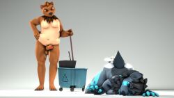 2021 3d_(artwork) 4_fingers 5_fingers 5_toes a1ph4w01v annoyed anthro ass ass_up balls bearphones blue_sclera bodily_fluids breasts brown_bear brown_body brown_fur brown_hair bucket canid canine casual_nudity claws cleaning_tool container cum cum_from_ass cum_in_ass cum_inside dage digital_media_(artwork) duo erection feet female fingers foreskin front_view fur furry genital_fluids genitals grey_body grey_hair grizzly_bear hair hand_on_hip hi_res humanoid_genitalia humanoid_penis male mammal mop navel neck_tuft nude orange_eyes penis slightly_chubby standing tail toes tuft ursid ursine