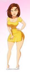 1girls bee_movie bob_cut brown_hair cleavage dreamworks high_heels paramount_pictures strike-force striped_dress vanessa_bloome yellow_dress yellow_eyes