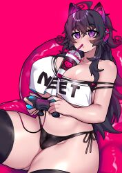 1girls 2022 ahoge areola_slip areolae black_panties breasts cat_ear_headphones cat_ears crawling_dreams crop_top drink female female_only game_controller headphones hi_res hips holding_object huge_breasts large_areolae long_hair messy_hair nyarla_(crawling_dreams) object_between_breasts osiimi panties playing_videogame purple_eyes purple_hair side-tie_panties slim_waist text text_on_clothing thick_thighs thighhighs thighs very_long_hair wide_hips