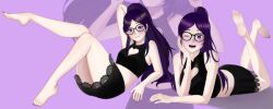 2girls dressed duo feet_up female_only glasses heart_bra legs legs_up naomi_carrigan no_shoes painted_toenails purple_background purple_eyes purple_hair skirt toes