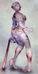 2d 2d_(artwork) bandages blood blood_stain bubble_butt full_body high_heels horror looking_back minidress monster_girl nurse nurse_(silent_hill) nurse_cap nurse_uniform pale-skinned_female pale_skin panties pipes purple_skin scars scratches short_dress silent_hill silent_hill_(film) stained_clothes standing stockings thighhighs torn_clothes torn_legwear weapon white_panties