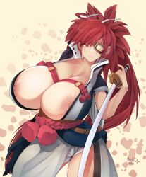 1girls areolae baiken besthetz cleavage curvy facial_scar female female_only gigantic_breasts guilty_gear huge_breasts katana long_hair looking_at_viewer missing_eye nipples one-eyed red_hair revealing_clothes samurai solo thick_thighs