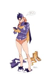 1girls barbara_gordon bare_legs batgirl batgirl_of_burnside_(comic) batman_(series) bbrunoliveira brown_hair cape dc dc_comics female female_only looking_down no_pants phone slippers solo speech_bubble superheroine