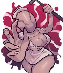 2d 2d_(artwork) big_breasts bubble_head_nurse cleavage faceless faceless_female female female_only grey_body grey_skin kaeritai07 minidress monster_girl nurse nurse_(silent_hill) nurse_cap nurse_uniform outstretched_arm short_dress silent_hill silent_hill_2 solo thick_thighs veins weapon wide_hips