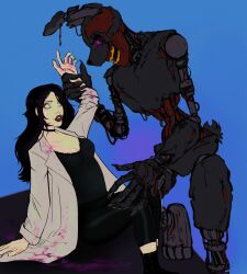 2022 arm_grab black_hair blue_eyes blue_sclera breasts bunny bunny_ears bunny_tail burntrap choker claws clothed clothing corpse digital_media_(artwork) duo eyes female female_human five_nights_at_freddy's five_nights_at_freddy's:_security_breach human lab_coat labcoat leggings lips lipstick long_hair makeup male mechanical_jaws_(artist) monster oc_x_canon original_character peril purple_hair rabbit robot scottgames sfw simple_background skeleton springtrap springtrap_(fnaf) sweat teeth