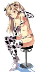 alternative_costume animal_ears animal_print arm_warmers azur_lane bar_stool bikini blonde_hair blush boots breasts clavicle cleveland_(azur_lane) closed_mouth cow_ears cow_girl cow_horns cow_print cow_print_bikini cow_print_swimsuit fake_animal_ears female female front-tie_top full_body hairband high_heel_boots high_heels high_resolution horns looking_at_viewer macaroni_hourensou navel one_side_up ponytail print_bikini print_footwear print_swimsuit red_eyes shoes side-tie_bikini sitting small_breasts solo stool swimsuit thigh_boots thighhighs tied_hair