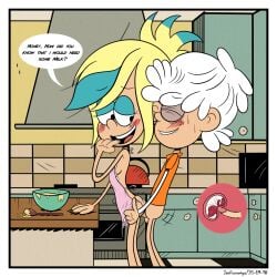 apron ass bite_lip blonde_hair blue_hair breasts cum_in_pussy cum_in_uterus cum_inside detailed_background female javisuzumiya kitchen lincoln_loud orange_shirt sam_sharp the_loud_house white_hair x-ray