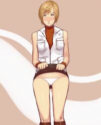 blonde_hair blush embarrassed female female_only flashing footwear frown heather_mason human outerwear pale_skin panties presenting sawao short_hair silent_hill silent_hill_3 skirt_lift sleeveless solo white_panties wristband wristwear