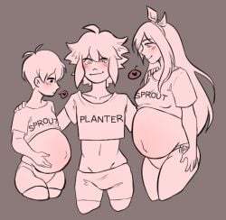 1girls 2boys artist_request aubrey_(omori) bare_belly basil_(omori) big_belly bisexual_male blush clothed clothed_female clothed_male crop_top digital_art digital_media_(artwork) female gay heart looking_at_viewer male male_pregnancy midriff mpreg non-nude omori polyamory polygamy pregnancy pregnant pregnant_female pregnant_male standing sunny_(omori) text_on_clothing text_on_shirt