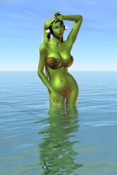 1girls 3d bikini cleavage green_skin huge_breasts oola radiantcg red_eyes standing_in_water star_wars twi'lek voluptuous water