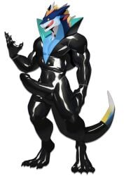 anthro back_spines black_claws black_rubber_suit blue_body blue_fur blue_horn claws clothed clothing digital_drawing_(artwork) digital_media_(artwork) dragon erection erection_under_clothing fur genitals hi_res horn latex looking_at_viewer male muscular muscular_anthro muscular_male open_mouth penis raining rubber rubber_clothing rubber_suit simple_background smile solo suit superhero teryx teryx_commodore tight_clothing tongue tongue_out white_background white_body yellow_body yellow_eyes yellow_fur