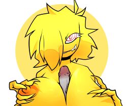 1boy 1girls absurd_res anon bepixel boobjob female friday_night_funkin hypnotizing_viewer jellie_(bepixel) male_pov paizuri pov pre_sex sharp_claws sharp_fingernails sharp_teeth simple_background slime_girl smile spiral_eyes topless yellow_body