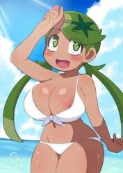 1girls beach bikini chibi cute cute_face female green_hair hot_weather large_breasts makino_nono mallow_(pokemon) nintendo nipple nipple_slip pokemon pokemon_sm solo sunny sweating tagme white_bikini