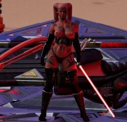 1girls 3d alien alien_girl armored_boots athletic black_boots boots darth_talon elbow_gloves exposed_breasts facing_viewer female female_only fit_female gloves lightsaber nikiko outdoors panties red_skin sith solo speeder_bike star_wars thigh_boots tribal_markings twi'lek villainess