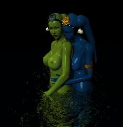 2girls 3d alien alien_girl armlet athletic_female blue_eyes blue_skin breasts_on_back green_skin harem harem_girl headgear large_breasts oola original_character radiantcg red_eyes slave standing_in_water star_wars twi'lek voluptuous