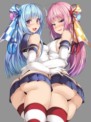 2girls ass ass_cleavage big_ass blue_hair breast_to_breast breasts butt_crack eye_contact female female_only grey_background hair_ribbon kotonoha_akane kotonoha_aoi legwear long_hair looking_at_viewer pink_eyes pink_hair shimakaze_(kantai_collection)_(cosplay) skirt stockings synthesizer_v thong tori33 voiceroid