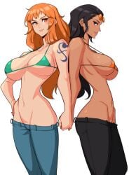 2girls alecto_0 ass back_to_back big_breasts bikini bikini_top black_hair breasts brown_eyes curvy female female_only holding_hands implied_ass_cleavage jeans light_skin long_hair low-riding micro_bikini micro_bikini_top nami narrow_waist nico_robin one_piece orange_hair post-timeskip sideboob sunglasses_on_head tan_skin tattoo underboob v-line white_background