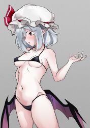 bangs bat_wings bikini breasts contrapposto cowboy_shot eyebrows_visible_through_hair eyes_visible_through_hair female grey_background hand_on_hip hand_up hat highres hip_wings looking_to_the_side low_wings medium_hair micro_bikini mob_cap navel ohkey_now red_eyes remilia_scarlet silver_hair simple_background small_breasts solo swimsuit touhou wings