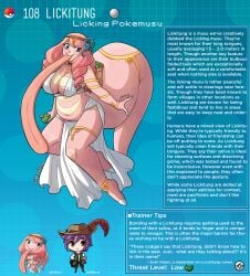 anklet armlet basket big_breasts busty character_profile cleavage creature_index cute drill_hair english_text hi_res humanoid kinkymation lickitung long_tongue monster_girl nintendo page_108 page_number personification pink_body pink_hair pink_tail pokémon_(species) pokedex pokemon pokemon-girl_encyclopedia pokemorph pokemusu profile slightly_chubby tagme text_box thick_tail thighlet tiara very_long_tongue white_dress