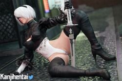 3d 3d_(artwork) blindfold cameltoe clothed heels high_heels its-gergless kanjihentai leather leather_boots leguymelef lipstick long_boots nier nier:_automata outdoors pussy wet wet_clothes white_hair yorha_2b