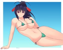 akeno_himejima big_breasts bikini black_hair high_school_dxd huge_breasts looking_at_viewer micro_bikini nipple_slip nipples purple_eyes simple_background thighs tiredtorto