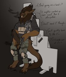 2022 anthro ar-15 athletic athletic_anthro athletic_male ball_tuft balls big_penis black_cum black_sclera bodily_fluids bottomwear bovid_horn brown_body brown_fur caprine_horn cargo_pants claws clothed clothed_anthro clothed_male clothing colored_cum cum dialogue dripping english_text erection eye_bags eyeliner facial_tuft fangs feet fingers fluffy forked_tongue fur genital_fluids genitals green_eyes grey_clothing grey_shirt grey_topwear gun hair hand_on_balls hi_res holding_object holding_weapon horn huge_cock humanoid_genitalia humanoid_hands humanoid_penis hybrid_genitalia hybrid_penis knee_pads large_tongue leaking_precum lean_muscle leaning looking_at_viewer machine makeup male male_anthro male_only markings military_uniform multi_ear muscular muscular_anthro muscular_male musk musk_clouds neck_tuft no_shoes pantheggon pants penile penile_spines penis penis_through_fly poking_out precum precum_drip precum_on_ground precum_on_penis precum_string presenting presenting_penis ram_horn ranged_weapon rifle shirt signature simple_background smile smoke smoke_from_mouth solo standing sweat sweatdrop sweaty_balls sweaty_genitalia tail tall text tongue tongue_out topwear tuft uniform unusual_bodily_fluids unusual_cum unusual_genital_fluids vinny_(jayydenarts) weapon