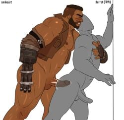 anal anal_sex balls bara barret_wallace beard black_hair boner closed_eyes cum cum_in_ass dark-skinned_male dark_skin erection facial_hair final_fantasy final_fantasy_vii gay inside_view male male_only muscles muscular orgasm pantsless penis prosthetic_arm sex smikeart sweat sweating