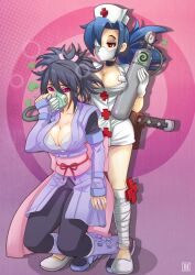 2girls big_breasts blue_hair breasts busty cleavage crossover female female_focus female_only femdom full_body fully_clothed gas gas_tank hmage hypnosis hypnotic_eyes looking_at_partner mind_control multiple_girls ninja purple_background red_eyes sheena_fujibayashi shinobi skullgirls tales_of_(series) tales_of_symphonia valentine_(skullgirls)