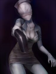 2d 2d_(artwork) big_breasts black_background bubble_head_nurse cleavage female female_only gloves horror minidress monster_girl nurse nurse_(silent_hill) nurse_cap nurse_uniform pale-skinned_female pale_skin pipes short_dress silent_hill silent_hill_2 simple_background solo teroru tight_clothing weapon white_gloves