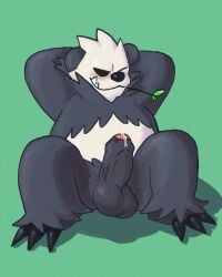 anthro armpits balls bara black_body black_eyes black_fur black_nose bodily_fluids erection fur genital_fluids genitals hands_behind_head hi_res humanoid_genitalia humanoid_penis leaf male male_only nintendo nude pangoro penis pokémon_(species) pokemon precum sexylinguini sitting solo spread_legs spreading video_games white_body white_fur