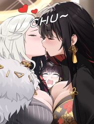 3girls black_hair breasts brown_hair cleavage closed_eyes collared_shirt earrings goddess_of_victory:_nikke grey_shirt heart highres jewelry kino09156588 kissing large_breasts long_hair moran_(nikke) multiple_girls open_mouth rosanna_(nikke) sakura_(nikke) shirt surprised upper_body yuri