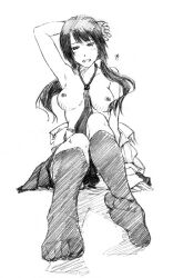 feet female foot_fetish large_breasts long_hair monochrome necktie pencil_(artwork) sawa_okita shin_hen_mori_hisa sketch socks solo tari_tari traditional_media_(artwork) twintails