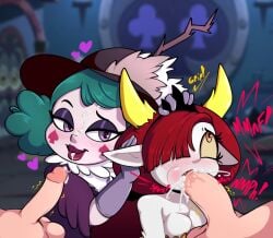 2boys 2girls assisted_fellatio balls breasts demon_girl disney eclipsa_butterfly fellatio fluids gametimeasia hekapoo horns long_hair male oral partial_male penis red_hair semen star_vs_the_forces_of_evil straight_hair