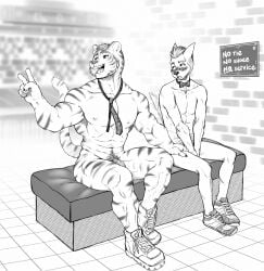 2022 5_fingers abs absurd_res anthro blush canid canine clothing collarbone covering covering_crotch eldiman english_text eyebrows felid fingers flaccid footwear fur gender_symbol genitals hair hi_res male male_symbol mammal markings mostly_nude nipples open_mouth pantherine pecs penis pubes shoes sitting striped_body striped_fur striped_markings striped_tail stripes symbol tail_markings teeth text tiger vein veiny_penis