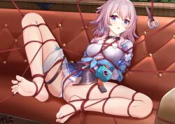 arms_behind_back arms_tied_behind_back barefoot bondage bound bound_ankles bound_arms bound_legs clothed clothed_female couch crotch_rope feet female femsub honkai:_star_rail honkai_(series) march_7th_(honkai:_star_rail) panties pink_hair restrained rope rope_bondage scissors skirt solo solo_female spread_legs tied_up toe_bondage toes underwear