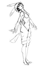 animal_hood black_hair female medium_breasts monochrome no_bra pikachu pokémon_(species) pokemon pokemon_rgby pubic_hair quetzoiin short_hair sketch solo