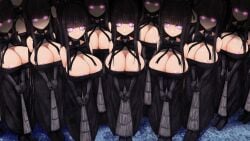 6+girls aebafuti areolae bangs black_dress black_gloves black_hair cleavage clone clones dress emotionless female_only gloves glowing_eyes huge_breasts large_breasts long_hair looking_at_viewer multiple_girls original original_character pink_eyes ribbon standing