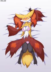 anthro bed bedroom_eyes blinking blush bra breasts canid canine clothing delphox female fox furniture hi_res inviting looking_at_viewer lying lying_on_bed mammal narrowed_eyes ne_i_ro nintendo on_back on_bed pokémon_(species) pokemon seductive smile solo underwear video_games