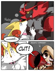 2022 anthro blush braixen comic dialogue english_text fur girly group incineroar kingbriarturtle male male_braixen male_only nintendo pokémon_(species) pokemon pokemon_(species) red_body red_fur smeargle text