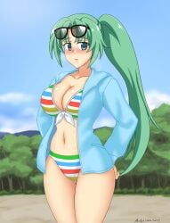 07th_expansion 1girls abridged-satoko artist_signature big_breasts bikini blush breasts busty cleavage curvy eyewear_on_head female_only front-tie_bikini front-tie_top green_eyes green_hair hands_on_hips higurashi_no_naku_koro_ni jacket large_breasts long_hair looking_at_viewer mion_sonozaki navel open_mouth ponytail sole_female solo solo_focus sunglasses sunglasses_on_head sweat swimsuit thick_thighs thighs voluptuous