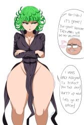 1girls alternate_breast_size arms_under_breasts big_ass big_breasts brat bratty breasts cleavage curvy dilant08 dress english_text green_eyes green_hair narrow_shoulders one-punch_man petite standing tatsumaki text thick_thighs thin_arms thin_waist wide_hips